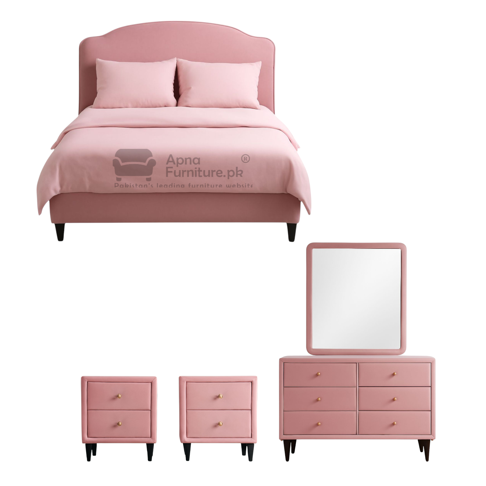 Pinky Double Bed Set in Fabric Upholstery (Set of 5)
