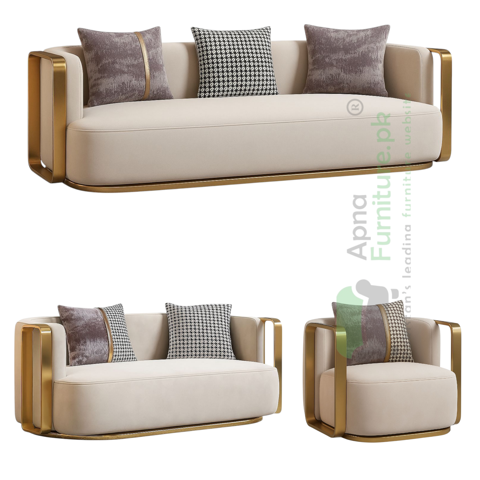 Zort 6 Searer Sofa Set in Solid Wood and High Gloss Golden Metal