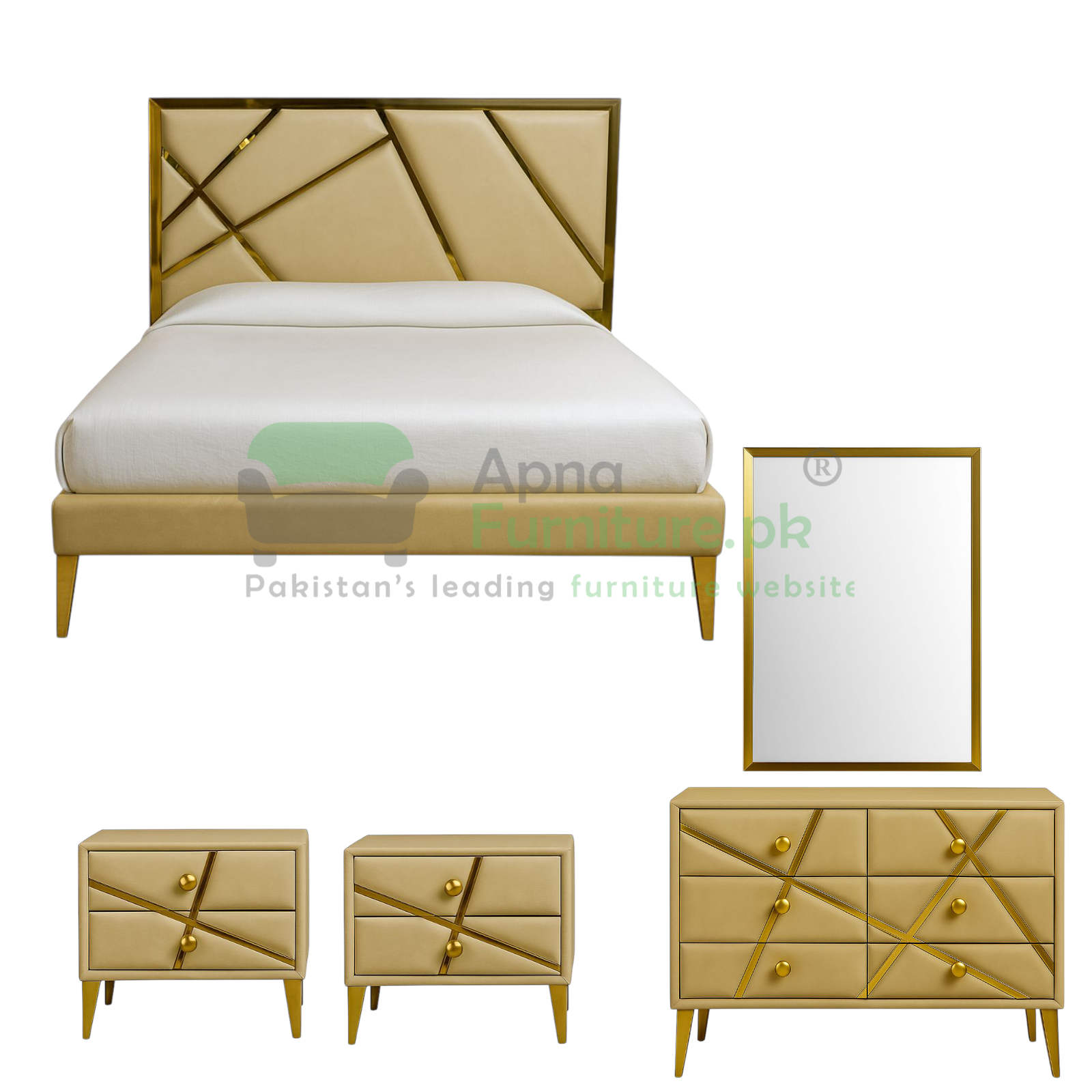 Prime Double Bed Set in High Gloss Golden Metal Frame